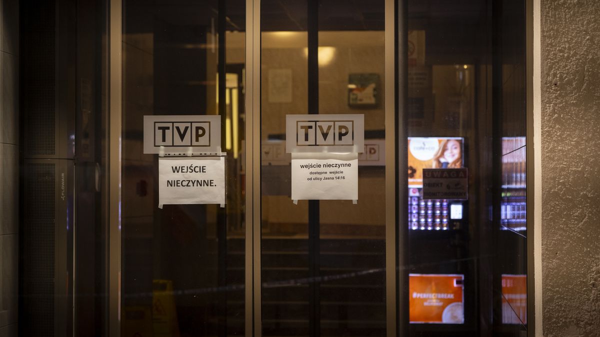 The blocked entrance to the TVP Info public broadcaster is seen  in Warsaw, Poland on 27 December, 2023. Management of public media institutions have been dismissed by the newly elected Donald Tusk led government on December 20th leading to protests as well as the occupying of media institutions by opposition MPs. Public media in the last eight years had been used as a government mouthpiece by the Eurosceptic Law and Justice party. (Photo by Jaap Arriens/NurPhoto via Getty Images)