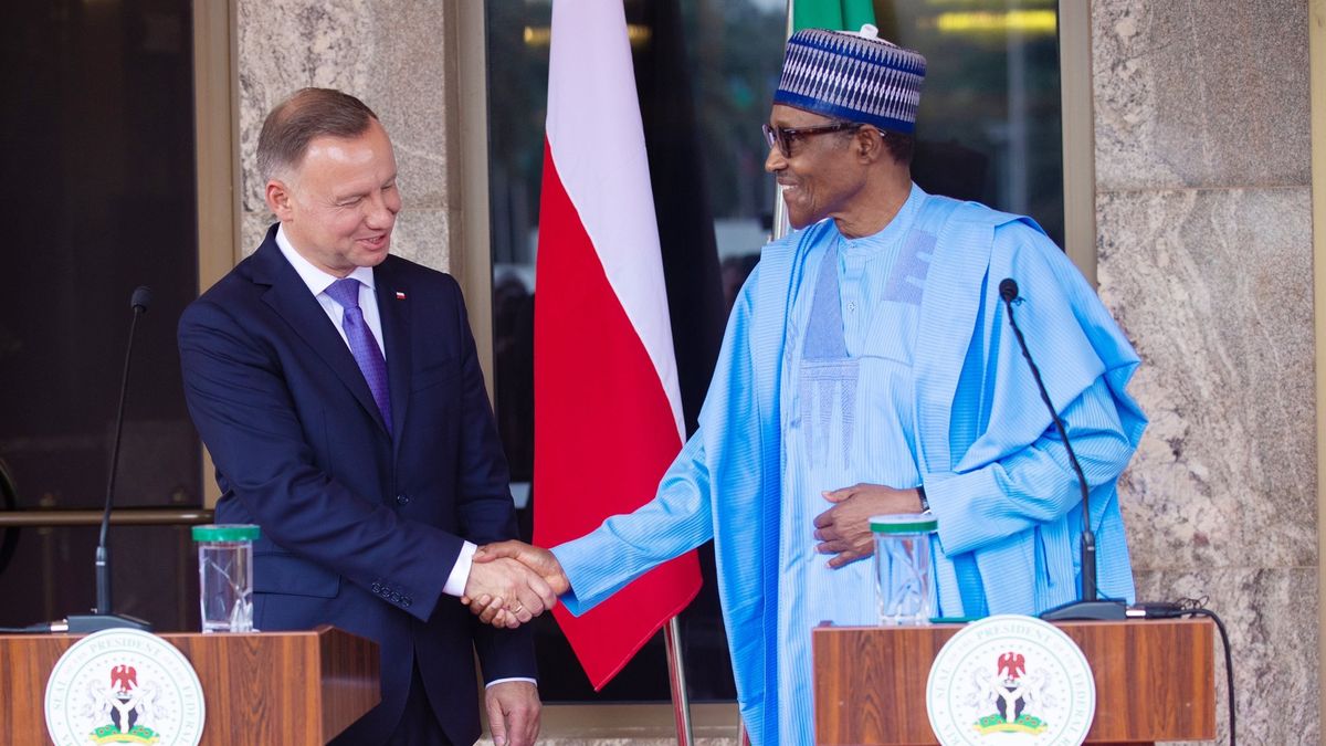 ABUJA, NIGERIA - SEPTEMBER 06: (----EDITORIAL USE ONLY â MANDATORY CREDIT - "NIGERIAN PRESIDENCY / HANDOUT" - NO MARKETING NO ADVERTISING CAMPAIGNS - DISTRIBUTED AS A SERVICE TO CLIENTS----) Nigerian President Muhammadu Buhari and Polish President Andrzej Duda hold a joint news conference in Abuja, Nigeria on September 06, 2022. (Photo by Nigerian Presidency/Handout/Anadolu Agency via Getty Images)