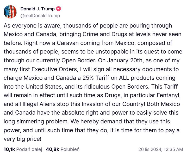 Trump zapowiada nałożenie ceł na Kanadę, Meksyk i Chiny