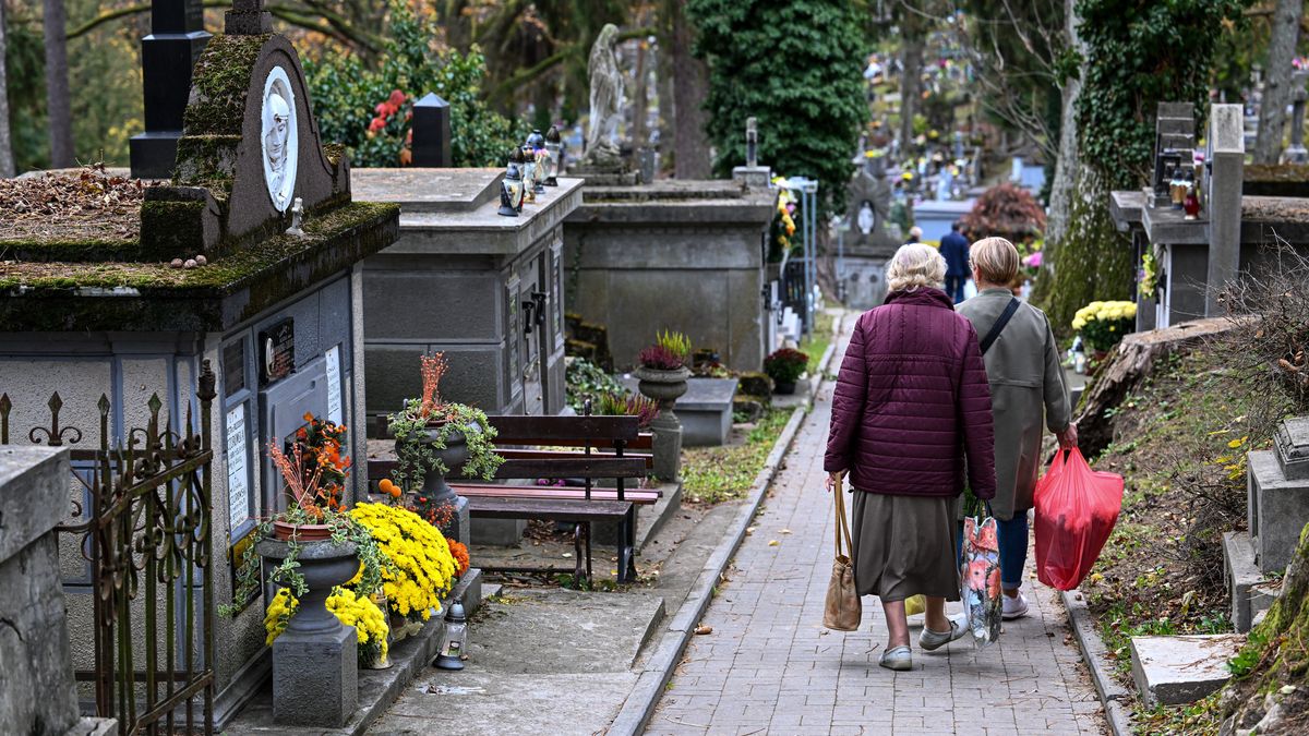 Przemyśl, 29.10.2022. Przygotowania do święta Wszystkich Świętych na Cmentarzu Głównym w Przemyślu, 29 bm. 1 listopada kościół katolicki obchodzi uroczystość Wszystkich Świętych. Wierni odwiedzą cmentarze. Święto to ma wymiar powszechny, celebruje się je w każdym kościele katolickim na całym świecie. (aldg) PAP/Darek Delmanowicz