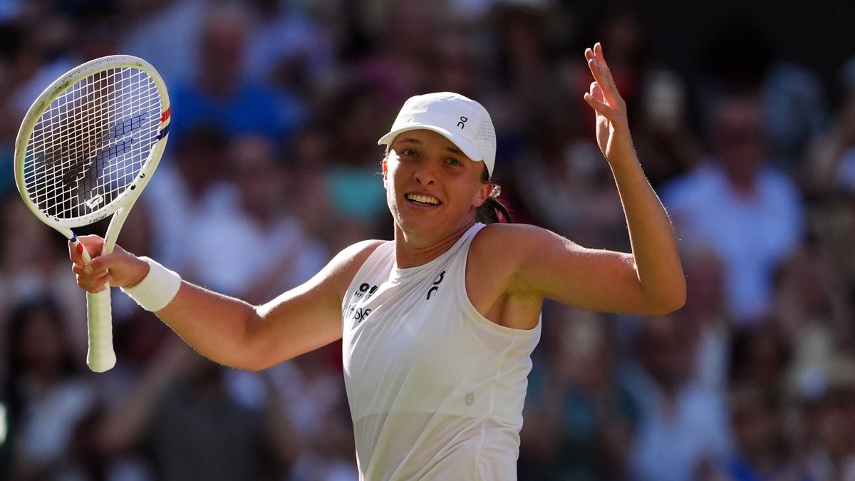 Iga Swiatek celebrates victory over Belinda Bencic following Ladies' Singles match on day eleven of the 2025 Wimbledon Championships at the All England Lawn Tennis and Croquet Club, London. Picture date: Thursday July 10, 2025. (Photo by Ben Whitley/PA Images via Getty Images)