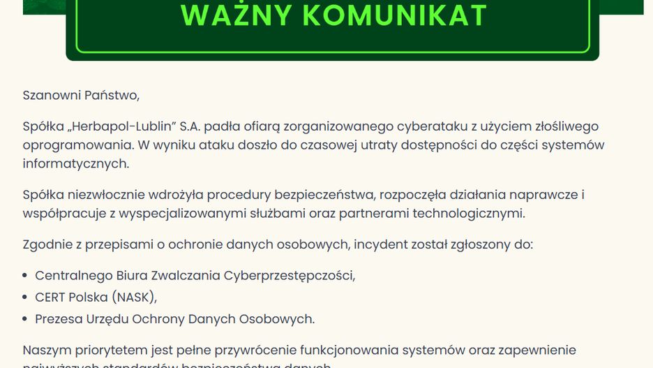 Na stronie Herbapolu pojawił się komunikat o cyberataku