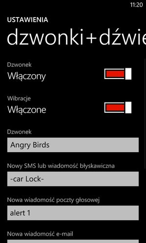 Opcje dźwięków - wybrana pozycja w dzwonku SMS