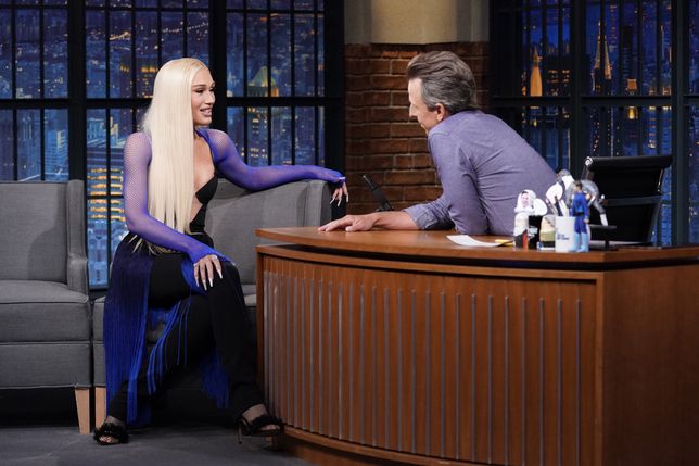 Late Night with Seth Meyers - Season 9LATE NIGHT WITH SETH MEYERS -- Episode 1327 -- Pictured: (l-r) Singer Gwen Stefani during an interview with host Seth Meyers on September 8, 2022 -- (Photo by: Lloyd Bishop/NBC via Getty Images)NBCnup_199007, episodic, air date 09082022, 2020s, select