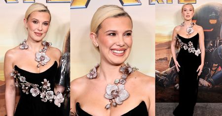 Opleciona "kwiatami" Millie Bobby Brown odsłania ramiona, promując nowy film Netfliksa