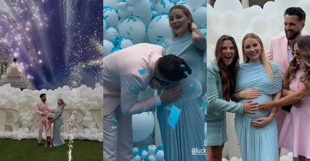 Kulisy HUCZNEGO gender reveal Andziaks i Luki: pałac, gigantyczna ścianka z balonów, tłum znanych koleżanek