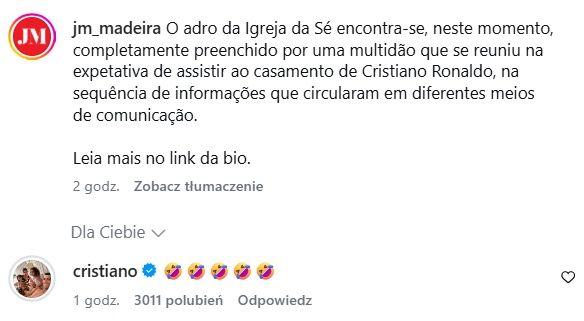 Komentarz Cristiano Ronaldo na Instagramie