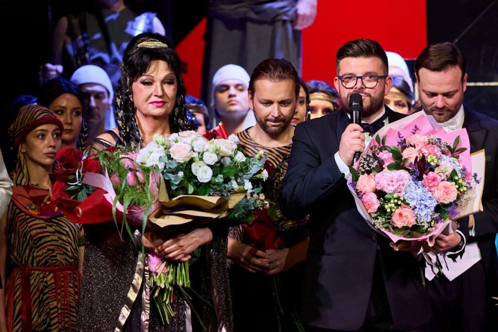 Małgorzata Walewska (Amneris), Arnold Rutkowski (Radames), Łukasz Goik i Piotr Mazurek. Inauguracja sezonu 2025/2026 w Operze Śląskiej w Bytomiu © Krzysztof Bieliński