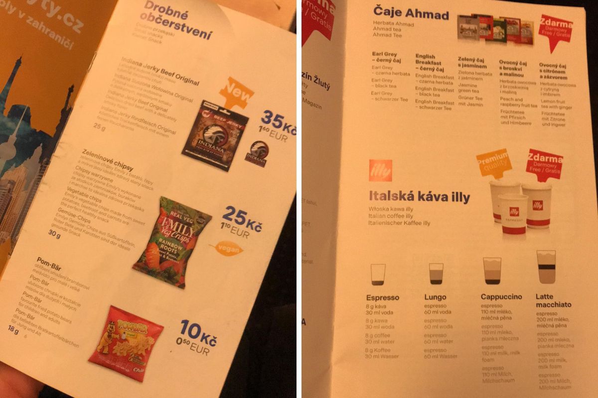 Menu w czeskim RegioJet