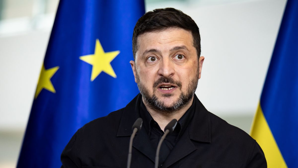 Ukrainian President Volodymyr Zelensky is pictured during a press conference at the Chancellery in Berlin, Germany, on April 14, 2026. German Chancellor Friedrich Merz is not in the picture. (Photo by Emmanuele Contini/NurPhoto via Getty Images)
