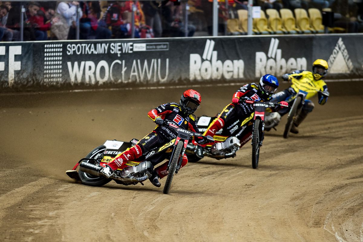 Tai Woffinden and Daniel Bewley are competing in a speedway match of the PGE Ekstraliga between BETARD Sparta Wroclaw and GKM Grudziadz in Wroclaw, Poland, on April 26, 2024. (Photo by Mateusz Birecki/NurPhoto via Getty Images)