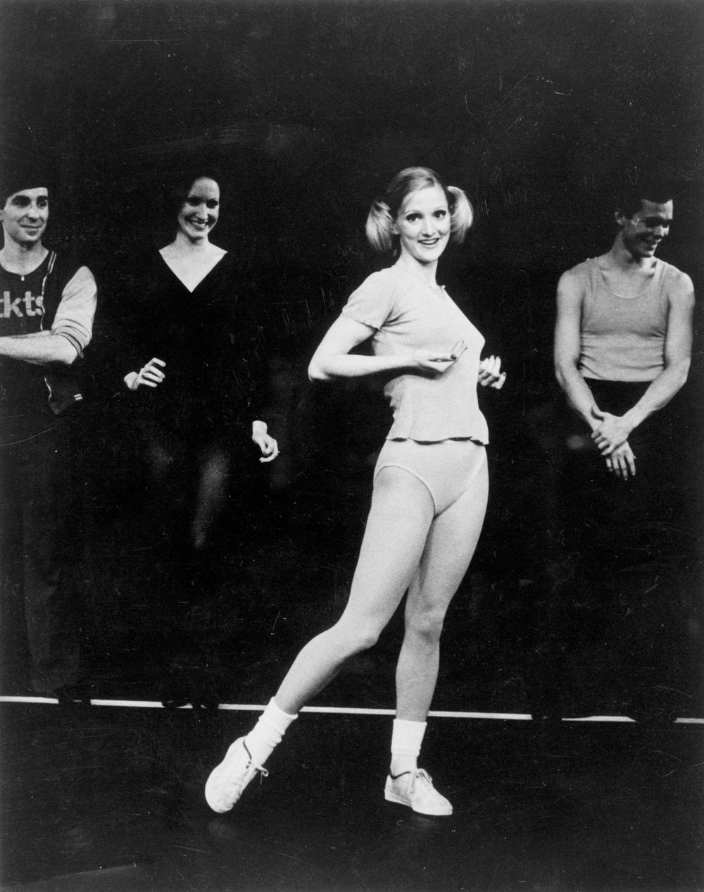 Actress Pamela Blair Sings In Musical(Original Caption) NEW YORK: In the musical hit "A Chorus Line," actress Pamela Blair sings "Dance-Ten, Looks-Three," a song extolling the benefits of hormones, silicone and plastic surgery in furthering the career of aspiring dancers.Bettmannsmall group of people:CB1, actress:CB1, dancing:CB2, singing:CB1, full-length:CB1, Broadway:CB1, publicity handout:CB1, musical:CB1