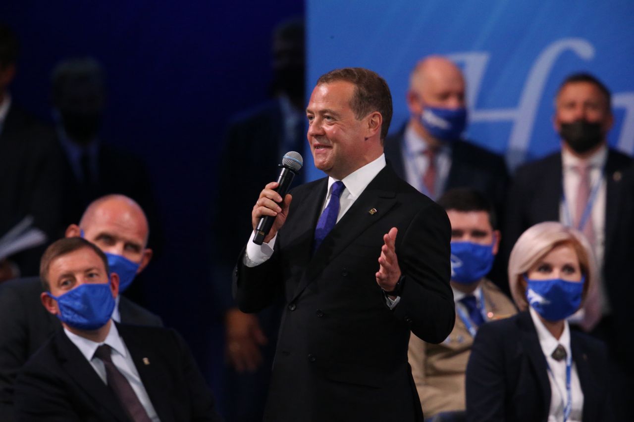 MOSCOW, RUSSIA - AUGUST 24 (RUSSIA OUT): Russian Security Council Deputy Chairman and United Russia Party Leader Dmitry Medvedev smiles during the United Russia Party Congress, on August 24, 2021 in Moscow, Russia. Putin took part in the congress of the United Russia party prior to the Parliamentary Elections scheduled on September. (Photo by Mikhail Svetlov/Getty Images)