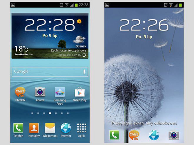 Po lewej odblokowany, a po prawej zablokowany ekran startowy. Samsung Galaxy S III umożliwia niemal dowolną zmianę wyglądu obu ekranów 