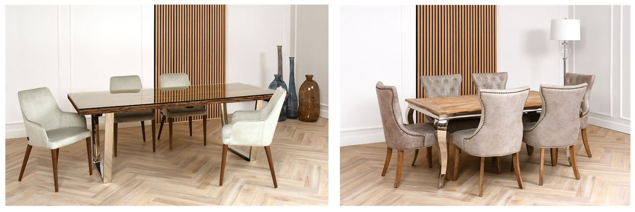 Niejedno oblicze jadalni w stylu glamour: nowoczesny stół French z fotelami Lenox (z lewej) oraz neorokokowy stół French Room z pikowanymi krzesłami William (z prawej). 