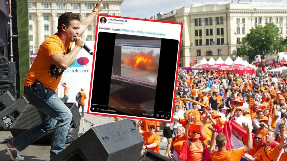 Zdjęcie okładkowe artykułu: Getty Images / VI Images/ Twitter/lesiavasylenko / Na zdjęciu: holenderscy kibice bawiący sie w strefie kibica na Placu Wolności w Charkowie, na małym zdjęciu: wybuch rakiety przy ul. Sumskiej 64