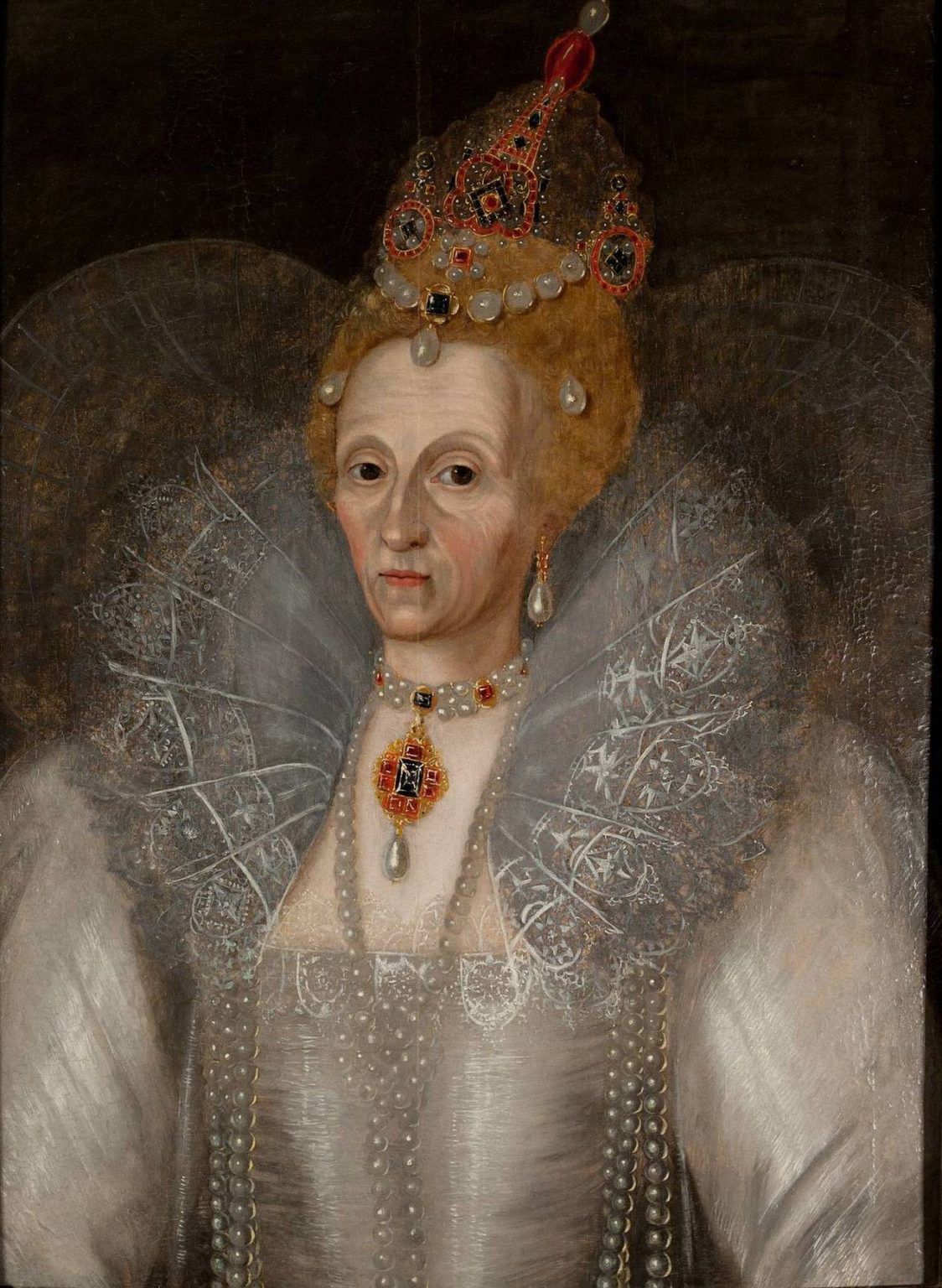 Portret Elżbiety I z około 1595 roku autorstwa Marcusa Gheeraertsa starszeego. W tym czasie władczyni była już znana ze swoich problemów z uzębieniem