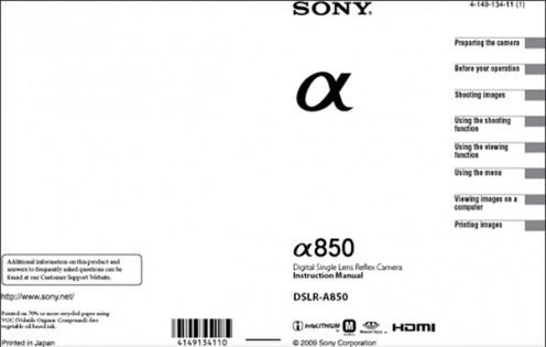 Sony Alfa A850 - pierwsza strona manuala