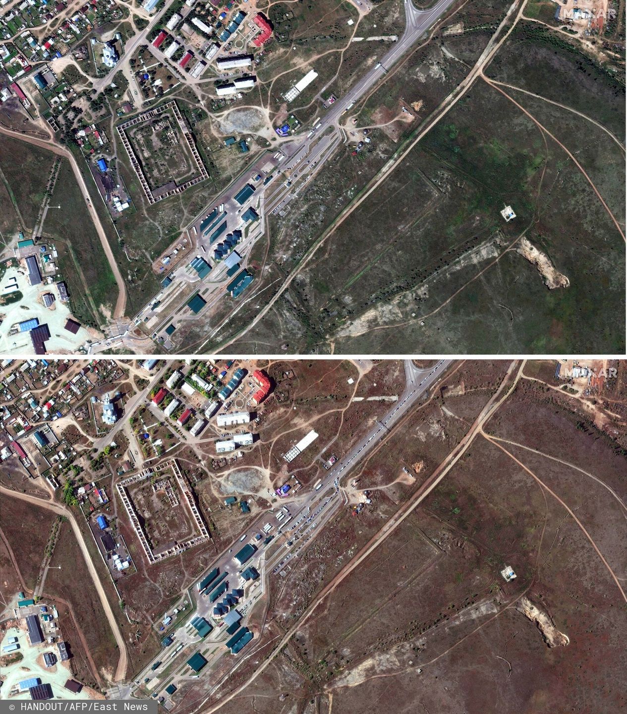 Temporary(COMBO) This combination of handout satellite images released by Maxar Technologies on September 26, 2022 shows a view Khyagt border post on Russia's border with Mongolia on August 15, 2022 (top) and on September 23, 2022. - Long lines of vehicles were seen at a border crossing between Mongolia and Russia on September  25, 2022 as people fled the Kremlin's call-up of hundreds of thousands of reservists for the war in Ukraine. (Photo by Handout / Satellite image �2022 Maxar Technologies / AFP) / RESTRICTED TO EDITORIAL USE - MANDATORY CREDIT "AFP PHOTO / Satellite image �2022 Maxar Technologies" - NO MARKETING NO ADVERTISING CAMPAIGNS - DISTRIBUTED AS A SERVICE TO CLIENTSRESTRICTED TO EDITORIAL USE - MANDATORY CREDIT "AFP PHOTO / Satellite image �2022 Maxar Technologies" - NO MARKETING NO ADVERTISING CAMPAIGNS - DISTRIBUTED AS A SERVICE TO CLIENTS / THE WATERMARK MAY NOT BE REMOVED/CROPPED - THE WATERMARK MAY NOT BE REMOVED/CROPPED -HANDOUT