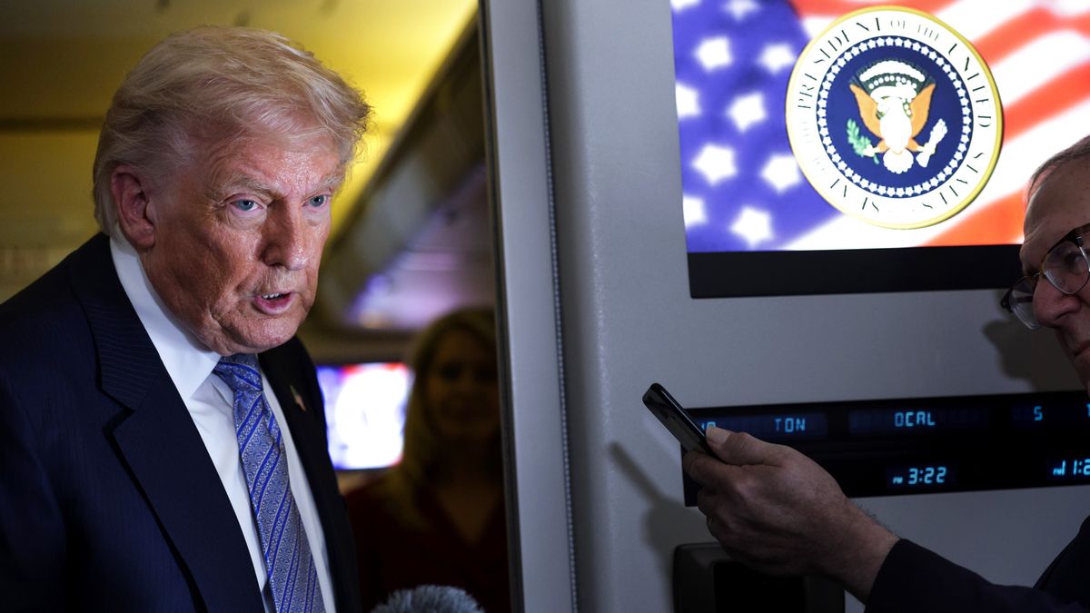 IN FLIGHT - MAY 15: U.S. President Donald Trump speaks to the media aboard Air Force One on May 15, 2026 as he returns to the United States. President Trump is returning from his trip to China, where he and President Xi addressed ways to enhance bilateral economic cooperation and investment, and agreed that Iran should not be allowed to have a nuclear weapon. According to Chinese state media, Xi emphasized the importance of the Taiwan issue, and that a mishandling could sour U.S.-China relations. (Photo by Alex Wong/Getty Images)