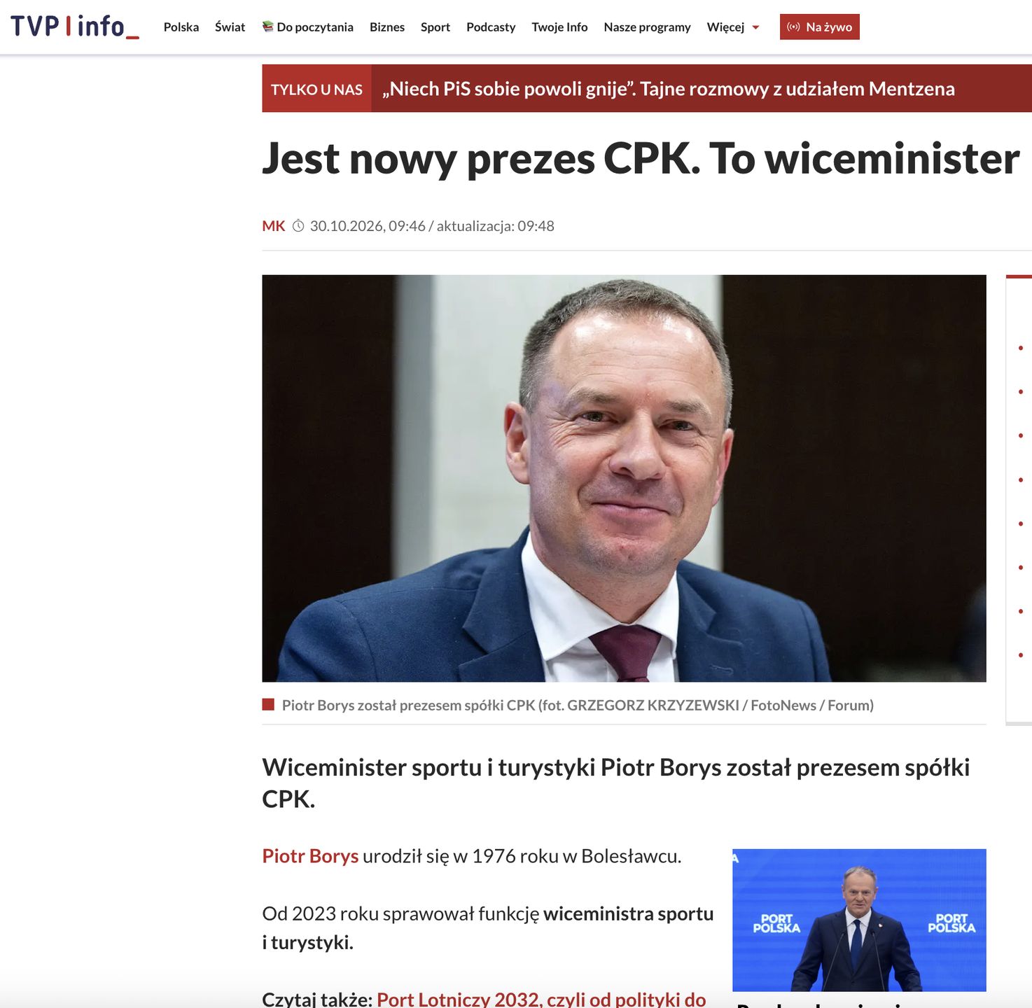 TVP Info pomyliło Piotrów Borysów. To nie wiceminister sportu i turystyki został prezesem CPK