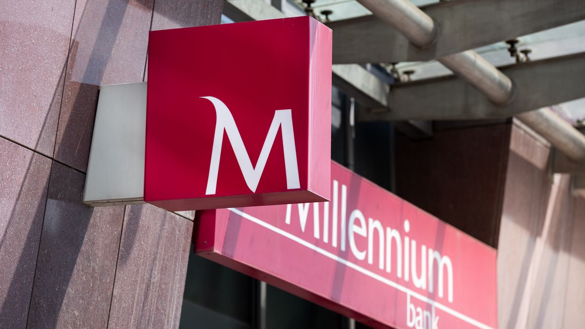 The Bank Millennium S.A. logo sign is seen in Wroclaw, Poland, on May 27, 2026. The signboard with the brand logotype hangs at the entrance to a branch office building of the Polish commercial banking company. (Photo by Marcin Golba/NurPhoto via Getty Images)
