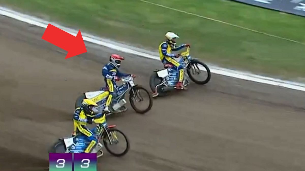 WP SportoweFakty / Twitter / CANAL+ SPEEDWAY / Emil Sajfutdinow wjeżdżający pomiędzy dwóch rywali