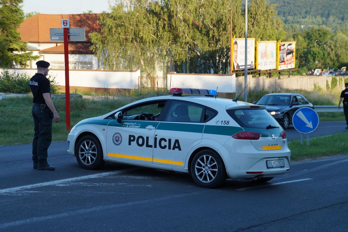 Słowacki samochód policyjny i policjant na służbie