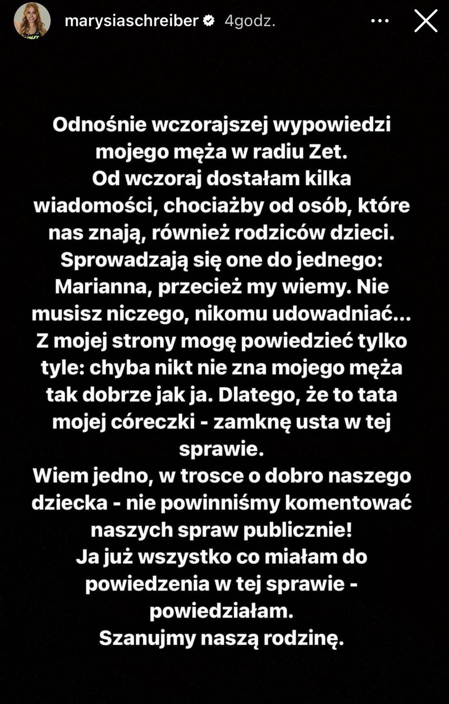 Marianna Schreiber reaguje na wywody męża. Ma do niego prośbę