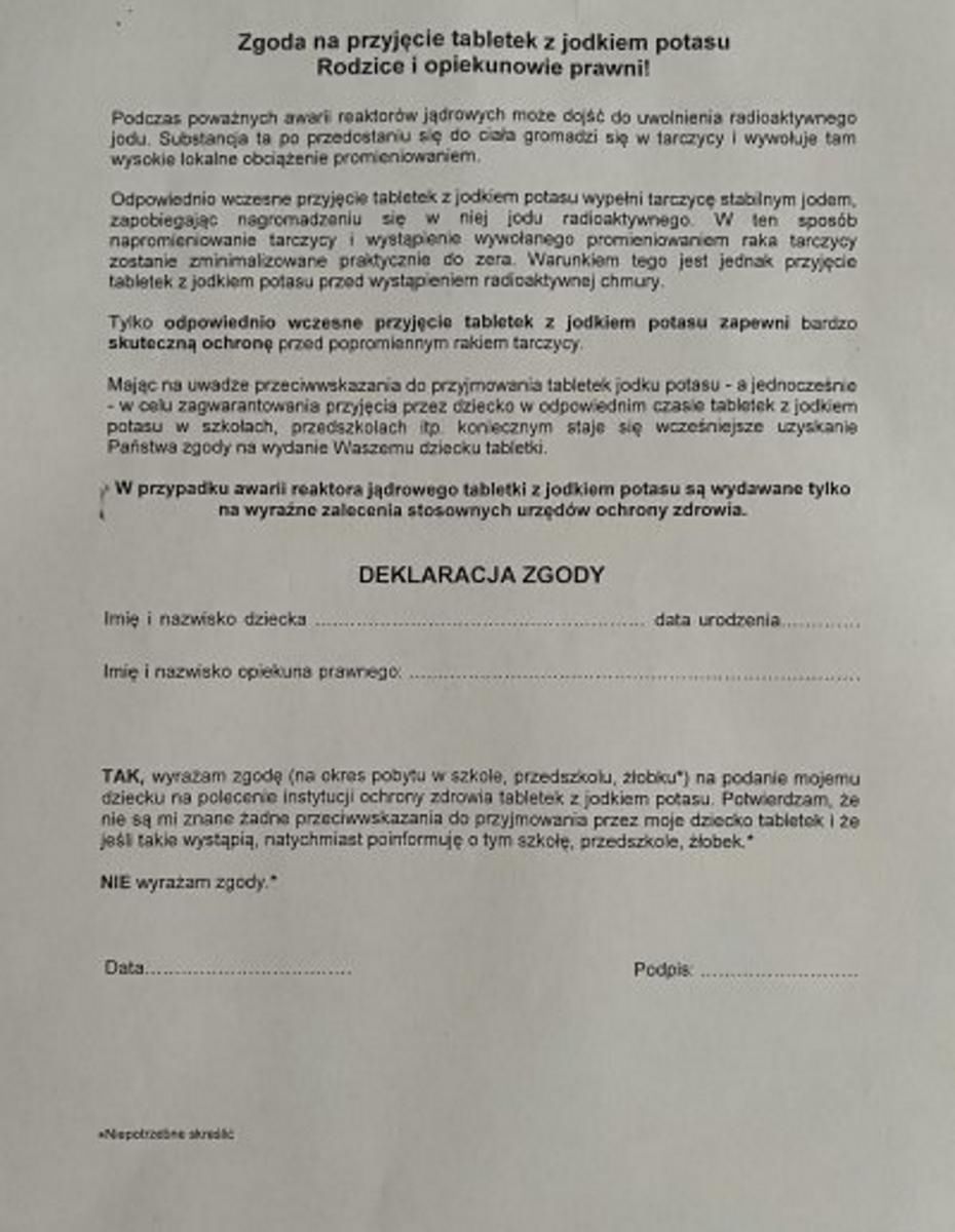 Zgoda na podanie dziecku w szkole jodku potasu