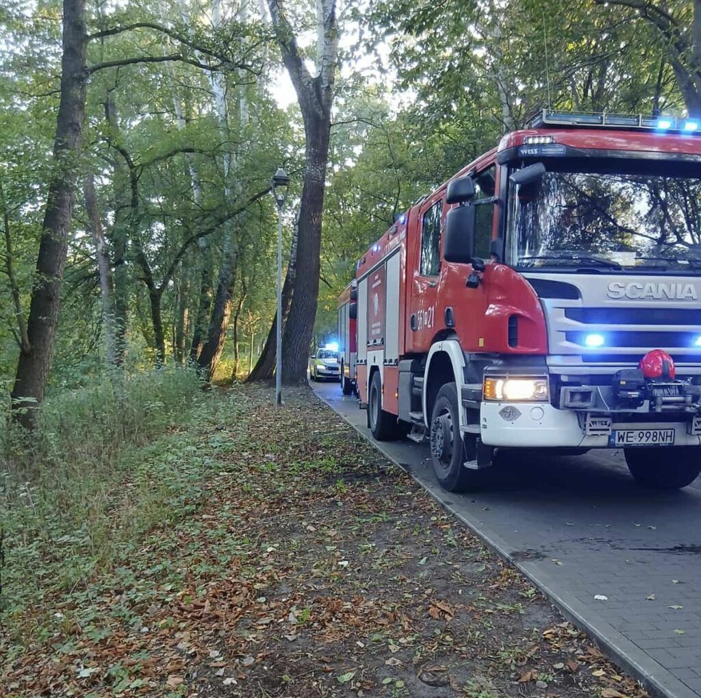 Czerwony wóz strażacki zaparkowany w lesie obok drogi, z włączonymi sygnalizacjami świetlnymi.