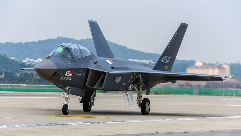 SEOUL, SOUTH KOREA - 2023/10/18: South Korea's under-development KF-21 fighter jet is seen landing after an aerial demonstration during the Seoul International Aerospace and Defense Exhibition (ADEX) 2023 at the Seoul Air Base in Seongnam, south of Seoul. The Seoul International Aerospace and Defense Exhibition (ADEX) at Seoul Air Base in Seongnam from October 17 to 22, and 550 companies from 35 countries will participate. (Photo by KIM Jae-Hwan/SOPA Images/LightRocket via Getty Images)