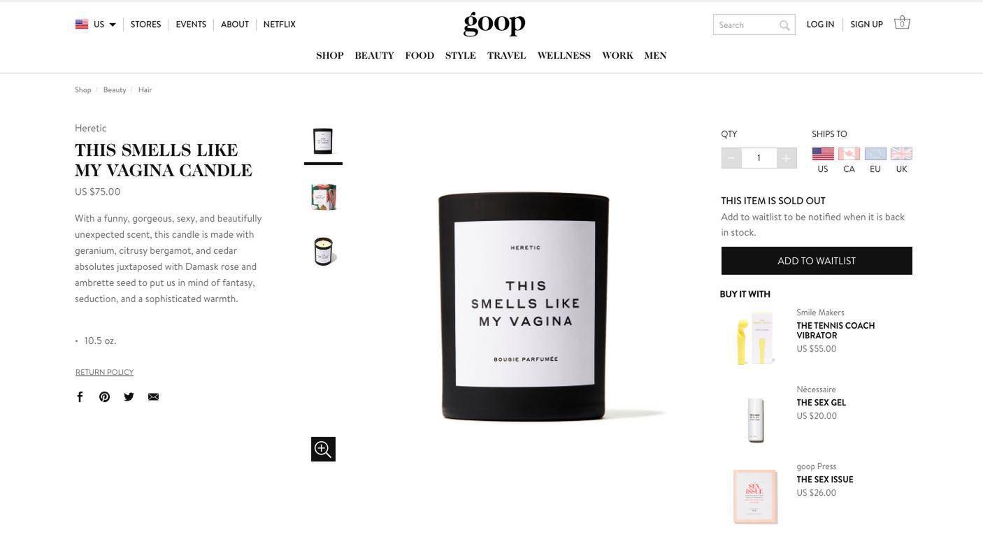 Świeczka "This Smells Like My Vagine" na stronie Goop.com