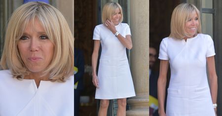 Opalona Brigitte Macron w wygniecionej sukience wita się z prezydentem Gwatemali (ZDJĘCIA)