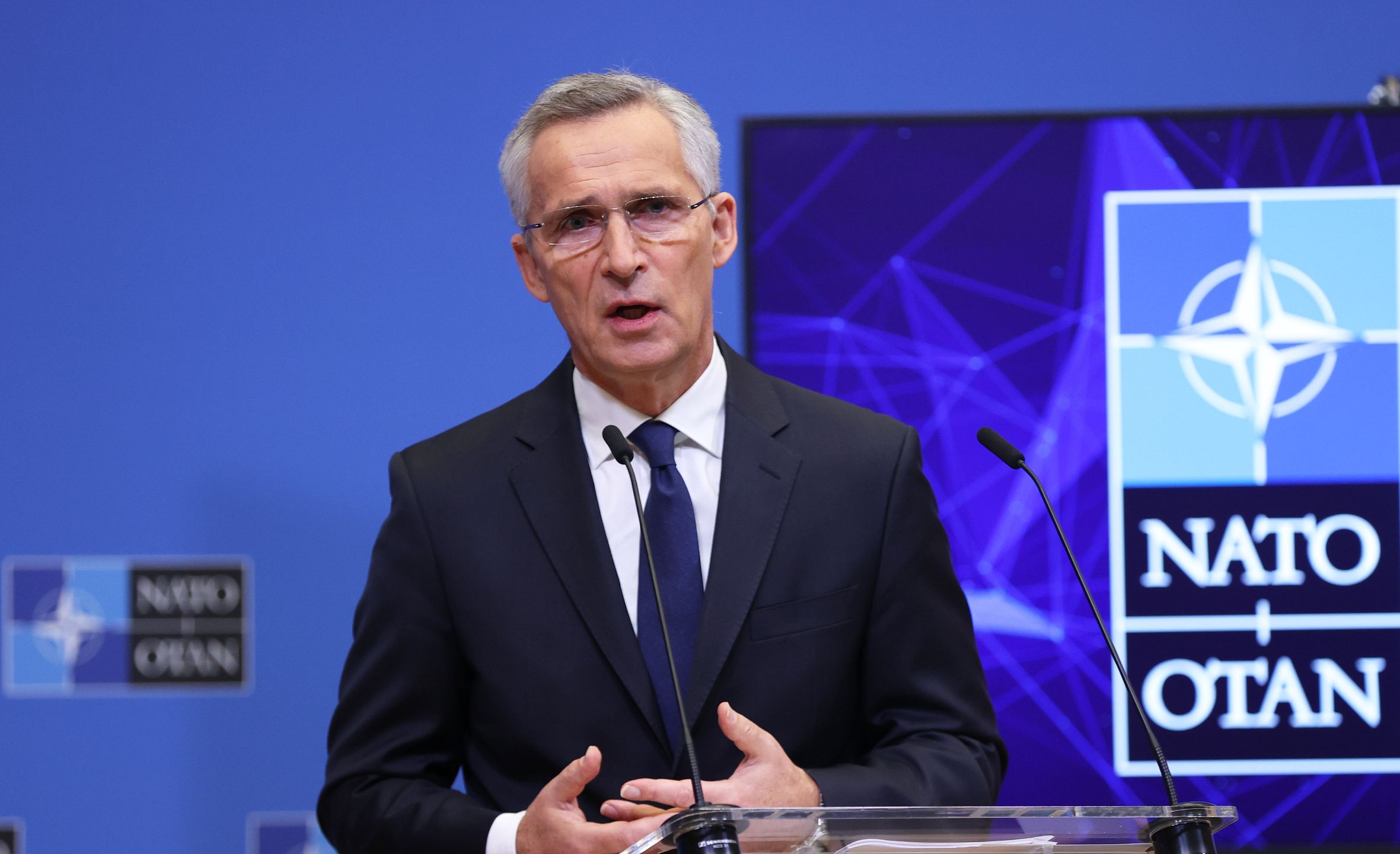 BRUSSELS, BELGUIM - NOVEMBER 25: NATO Secretary General Jens Stoltenberg makes a speech as he holds a press conference ahead of the NATO Foreign Ministers meeting to be held in Romania on 29 and 30 Nov. in Brussels, Belgium on November 25, 2022. (Photo by Dursun Aydemir/Anadolu Agency via Getty Images)
