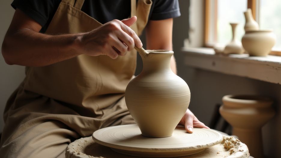 ceramic artist, pottery wheel, shaping clay, sunlit workshop, creating vase, artistry, craftsmanship, pottery making, creativity, sunlight, handmade art, ceramic design, detailed work, natural light, artistic process, beautiful vase, studio environment, focused artisan.