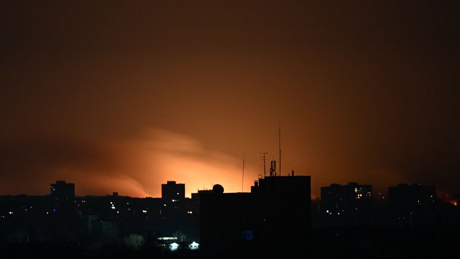TemporaryThis general view taken on March 24, 2022 shows fire and smoke lights up the sky, east of Kharkiv. (Photo by Aris Messinis / AFP)ARIS MESSINIS