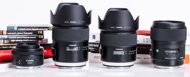 Porównanie wielkości Canon 50 mm f/1.8 STM, Tamronów 35 i 45 mm f/1.8 Di VC USD oraz Sigmy 35 mm f/1.4 ART DG HSM
