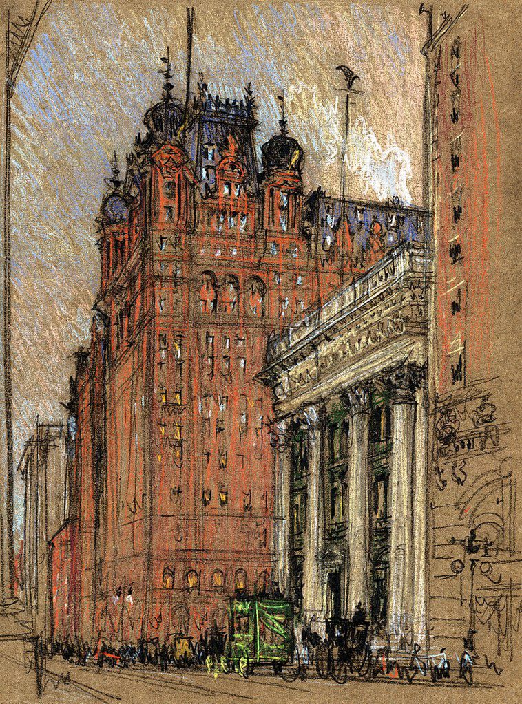Hotel Waldorf-Astoria w Nowym Jorku na rysunku Josepha Pennella z pierwszych lat XX wieku