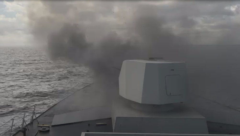 The view from the deck of the Italian frigate FREMM ITS Virginio Fasan, which shot down Houthi drones using the Leonardo 76 mm Super Rapido cannon.