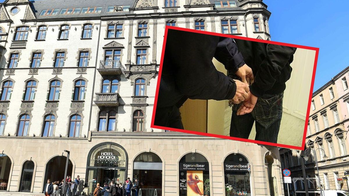Hotel Monopol, w którym przebywa reprezentacja Polski, na małym zdjęciu: aresztowany mężczyzna, który uszkodził porsche