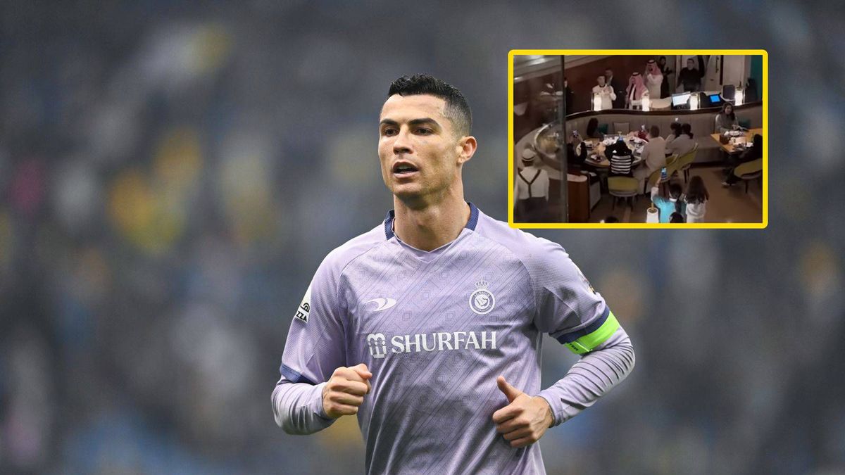 Cristiano Ronaldo / w ramce: ludzie nagrywający piłkarza w restauracji