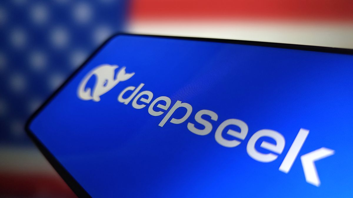 SUQIAN, CHINA - FEBRUARY 3, 2025 - This illustration shows the DeepSeek LOGO displayed inside a smartphone with the US flag displayed in the background in Suqian, Jiangsu province, China, February 3, 2025. (Photo credit should read CFOTO/Future Publishing via Getty Images)
