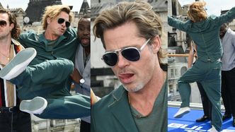 Swawolny Brad Pitt promuje "Bullet Train" w piżamowym garniturze (ZDJĘCIA)