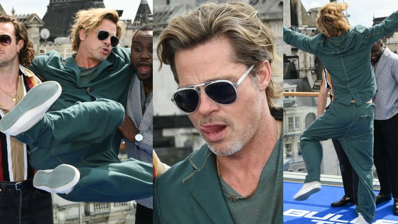 Swawolny Brad Pitt promuje "Bullet Train" w piżamowym garniturze (ZDJĘCIA)