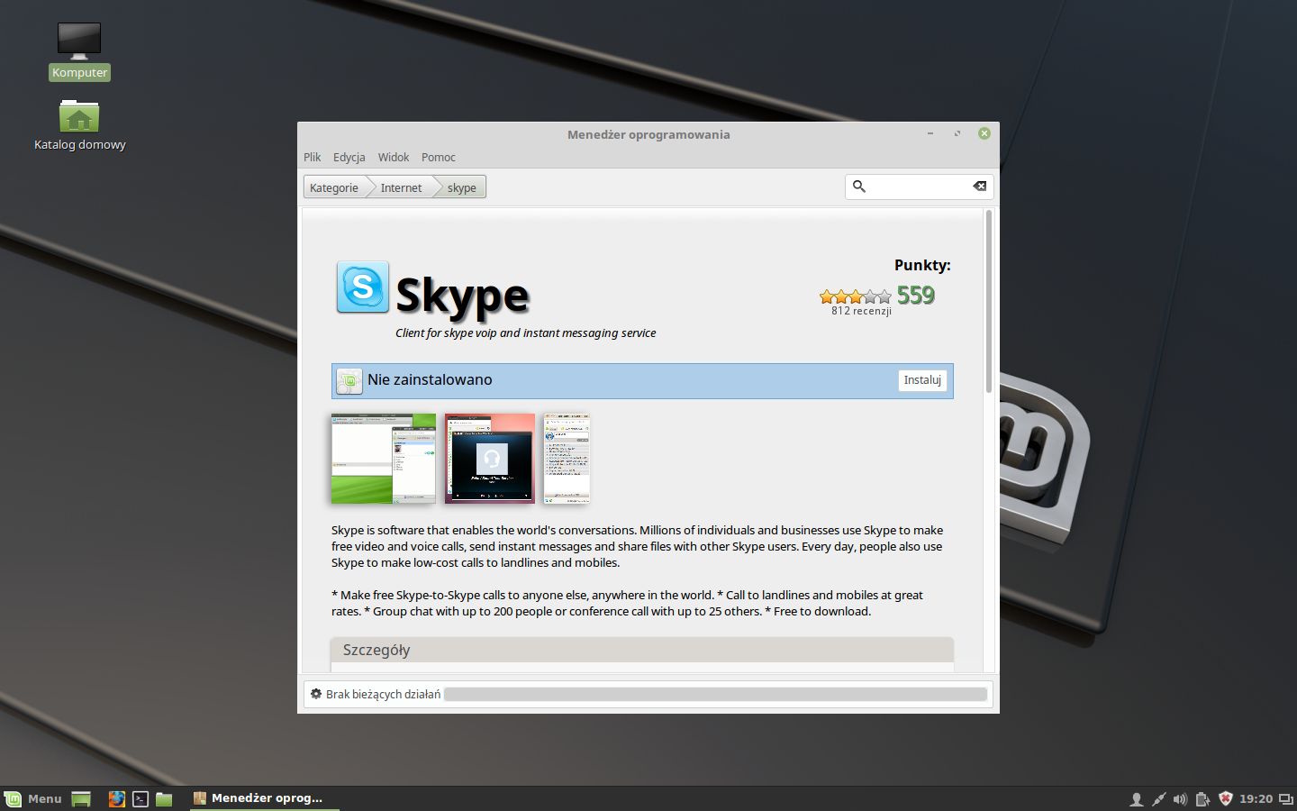 Karta komunikatora Skype w Menedżerze oprogramowania