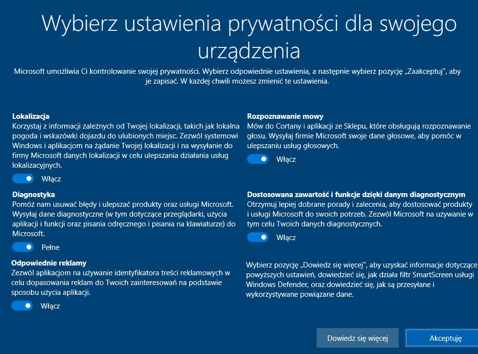 Ustawienia prywatności, na które natkniemy się po raz pierwszy konfigurując komputer z Windows 10 Creators Update