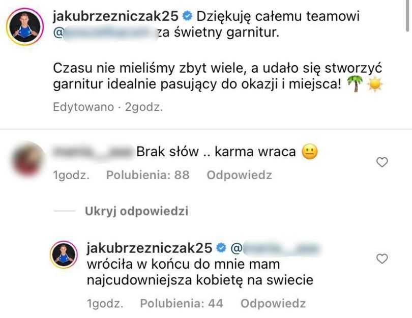 Jakub Rzeźniczak odpowiada internautom pod ślubnym zdjęciem