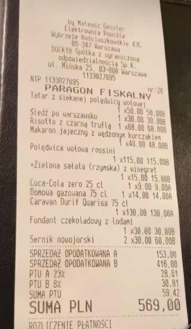 Paragon z restauracji Mateusza Gesslera. 