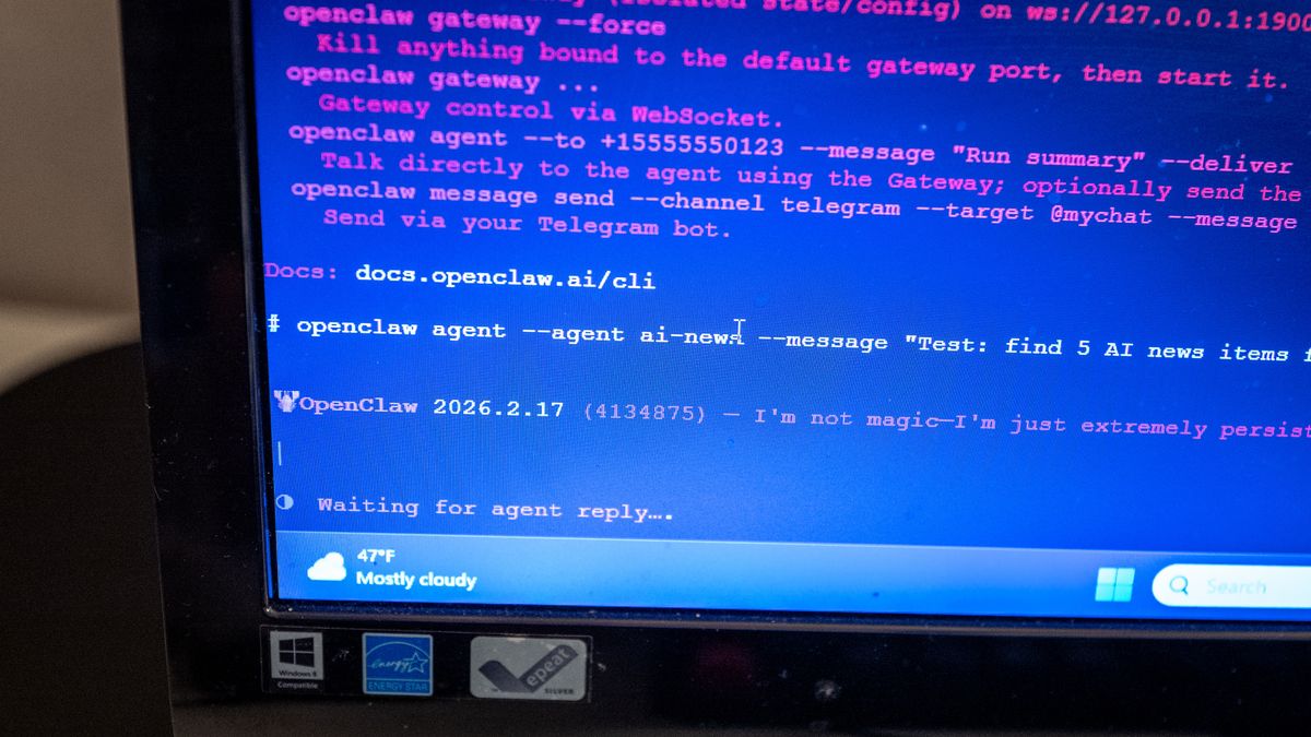Close-up of computer screen showing Linux terminal running the OpenClaw agentic artificial intelligence platform, Lafayette, California, February 18, 2026. (Photo by Smith Collection/Gado/Getty Images)